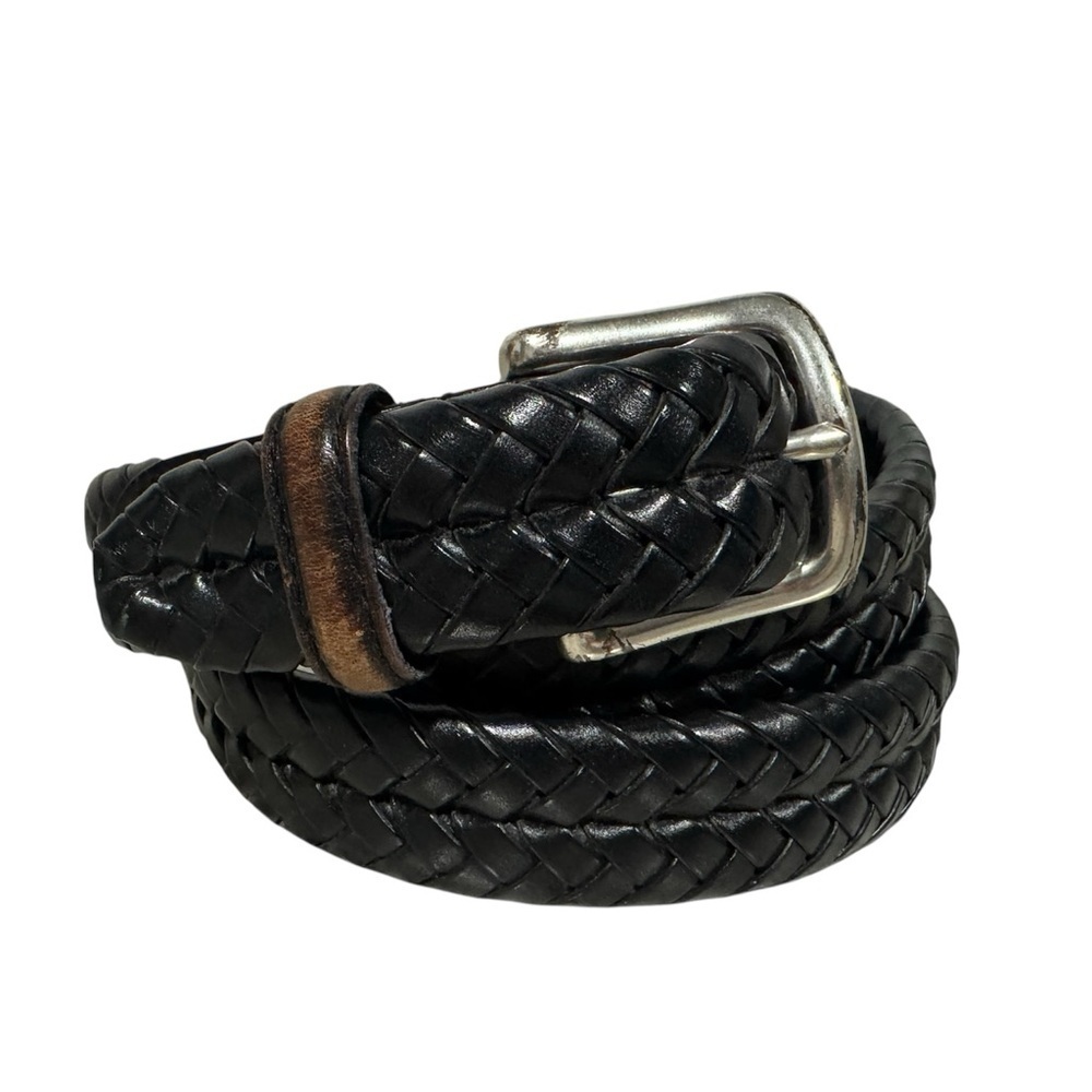 Fossil Leather Belt 46” Woven Distressed Black MB3040001 Silver Buckle